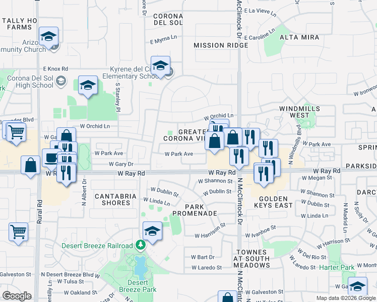 map of restaurants, bars, coffee shops, grocery stores, and more near 4153 West Park Avenue in Chandler