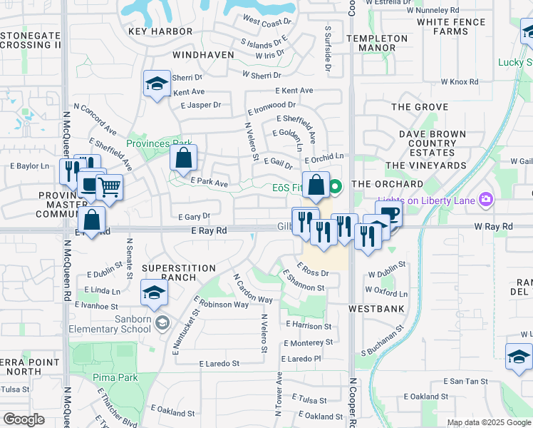 map of restaurants, bars, coffee shops, grocery stores, and more near 1721 East Gary Drive in Chandler