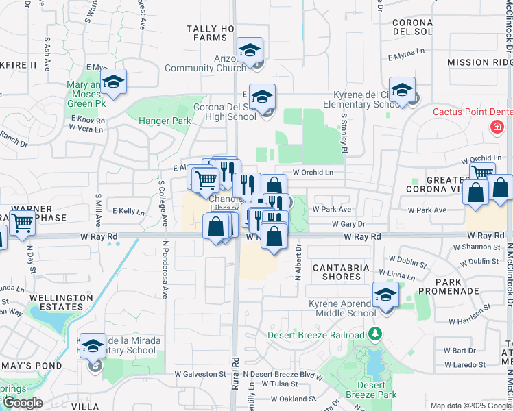 map of restaurants, bars, coffee shops, grocery stores, and more near 9985 N Rural Rd in Chandler