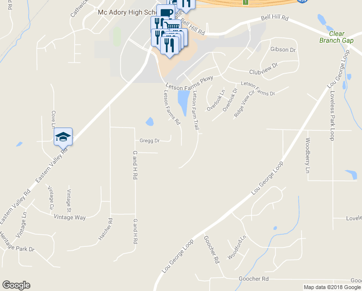 map of restaurants, bars, coffee shops, grocery stores, and more near 6401 Letson Farms Road in McCalla