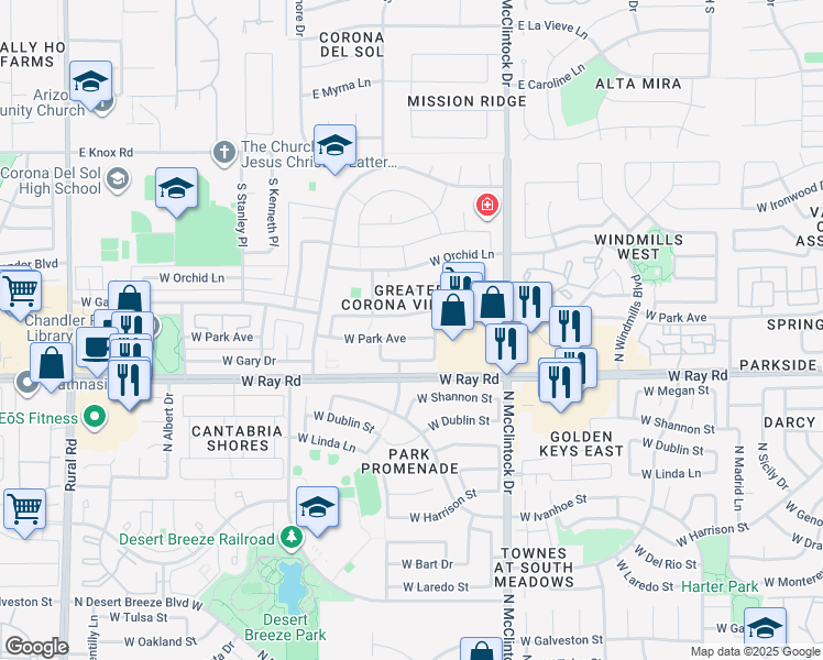 map of restaurants, bars, coffee shops, grocery stores, and more near 4153 West Park Avenue in Chandler