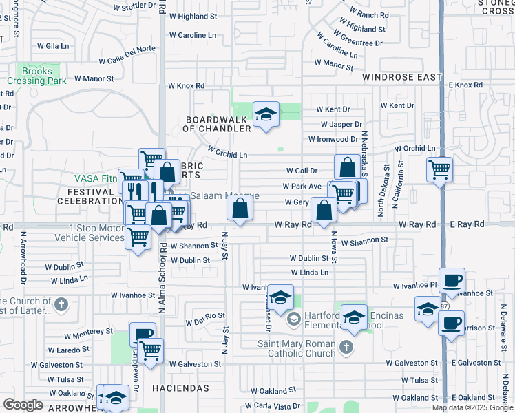 map of restaurants, bars, coffee shops, grocery stores, and more near 760 West Ray Circle in Chandler