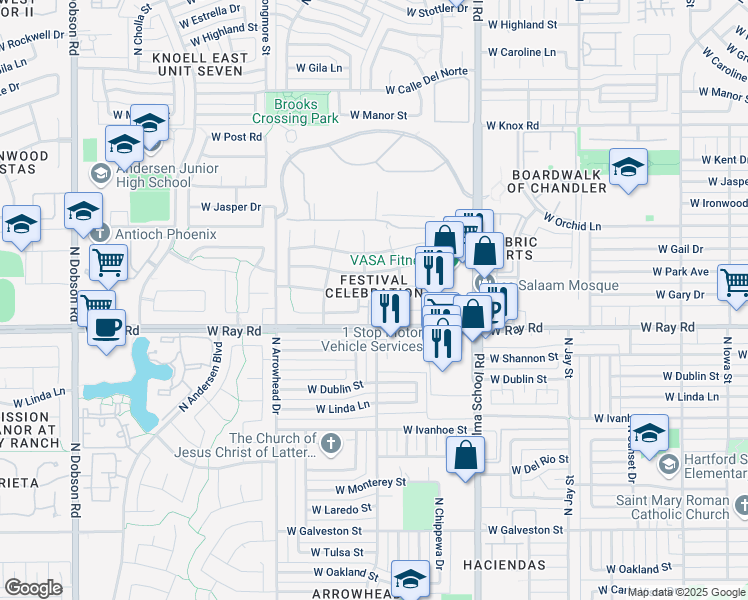 map of restaurants, bars, coffee shops, grocery stores, and more near 1022 North Henry Drive in Chandler