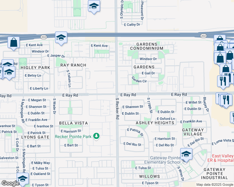 map of restaurants, bars, coffee shops, grocery stores, and more near East Ray Road & South Recker Road in Gilbert