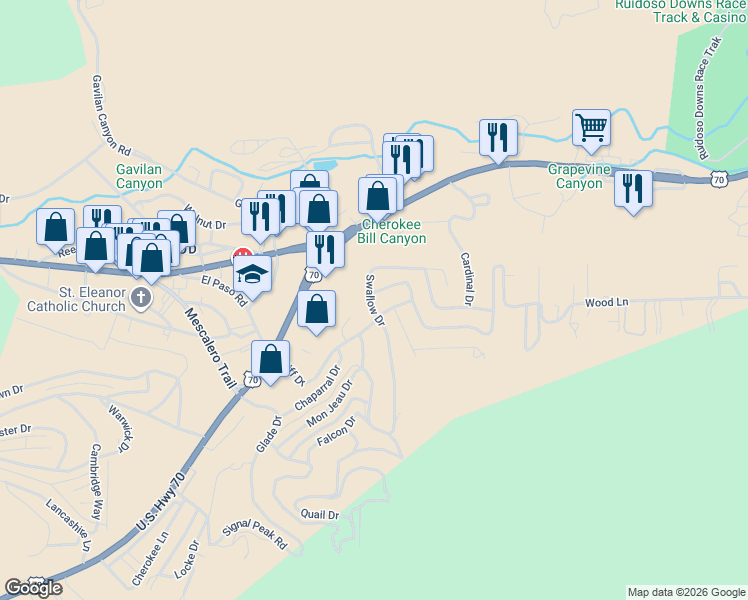 map of restaurants, bars, coffee shops, grocery stores, and more near 104-198 Swallow Dr in Ruidoso