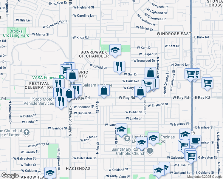map of restaurants, bars, coffee shops, grocery stores, and more near 760 West Ray Circle in Chandler