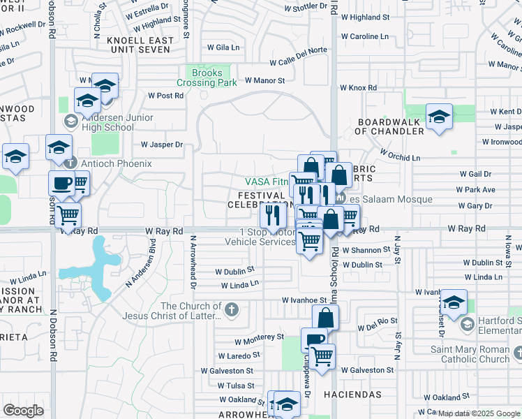 map of restaurants, bars, coffee shops, grocery stores, and more near 1022 North Henry Drive in Chandler