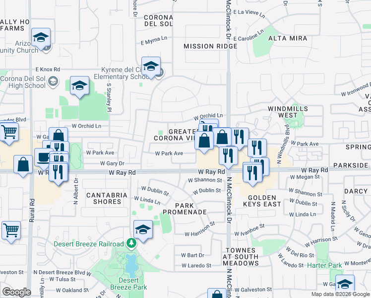 map of restaurants, bars, coffee shops, grocery stores, and more near 4153 West Park Avenue in Chandler