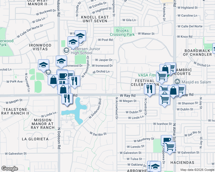 map of restaurants, bars, coffee shops, grocery stores, and more near 1050 North Longmore Street in Chandler
