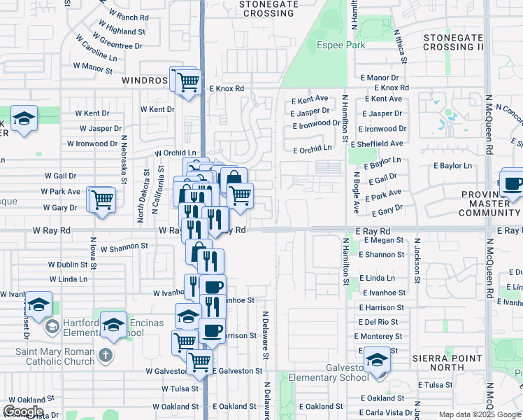 map of restaurants, bars, coffee shops, grocery stores, and more near 250 East Ray Road in Chandler