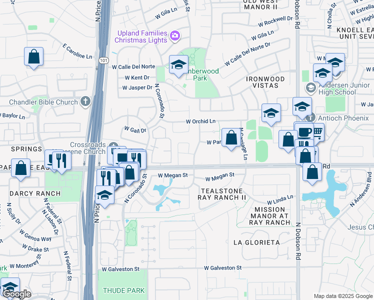 map of restaurants, bars, coffee shops, grocery stores, and more near 1019 North Blackstone Drive in Chandler