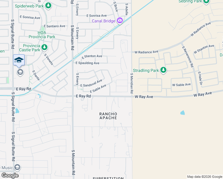 map of restaurants, bars, coffee shops, grocery stores, and more near 11447 East Seaver Avenue in Mesa