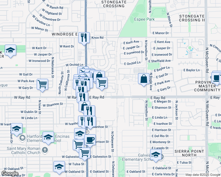 map of restaurants, bars, coffee shops, grocery stores, and more near 250 East Ray Road in Chandler