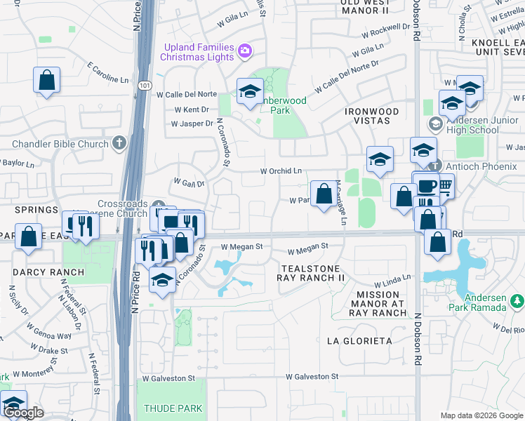 map of restaurants, bars, coffee shops, grocery stores, and more near 1019 North Blackstone Drive in Chandler
