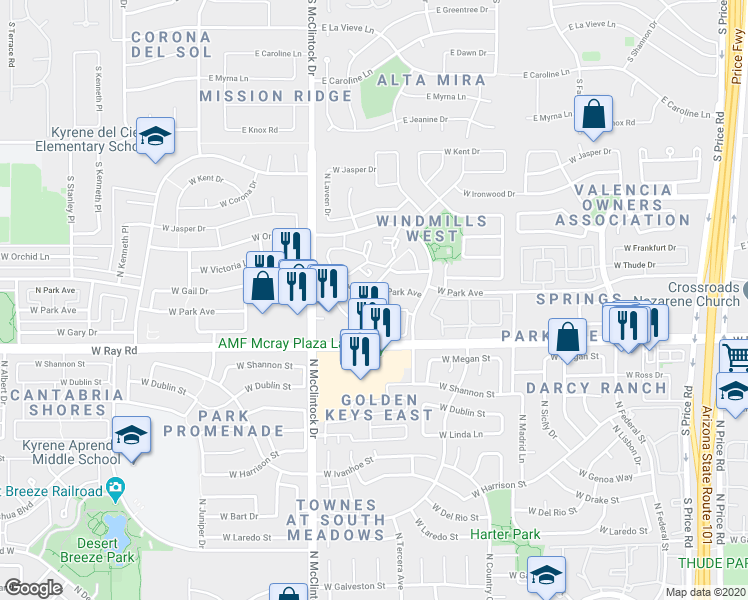 map of restaurants, bars, coffee shops, grocery stores, and more near 3934 West Roundabout Circle in Chandler