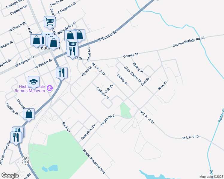 map of restaurants, bars, coffee shops, grocery stores, and more near 249 Martin Luther King Junior Drive in Eatonton
