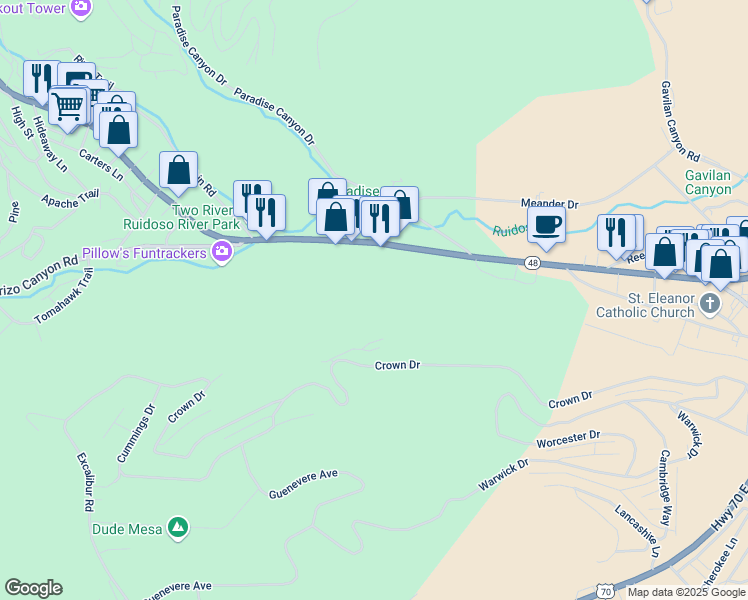 map of restaurants, bars, coffee shops, grocery stores, and more near 629 Sudderth Drive in Ruidoso