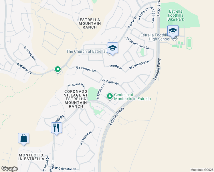 map of restaurants, bars, coffee shops, grocery stores, and more near 13618 South 177th Lane in Goodyear