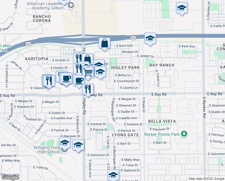 map of restaurants, bars, coffee shops, grocery stores, and more near 3389 East Liberty Lane in Gilbert
