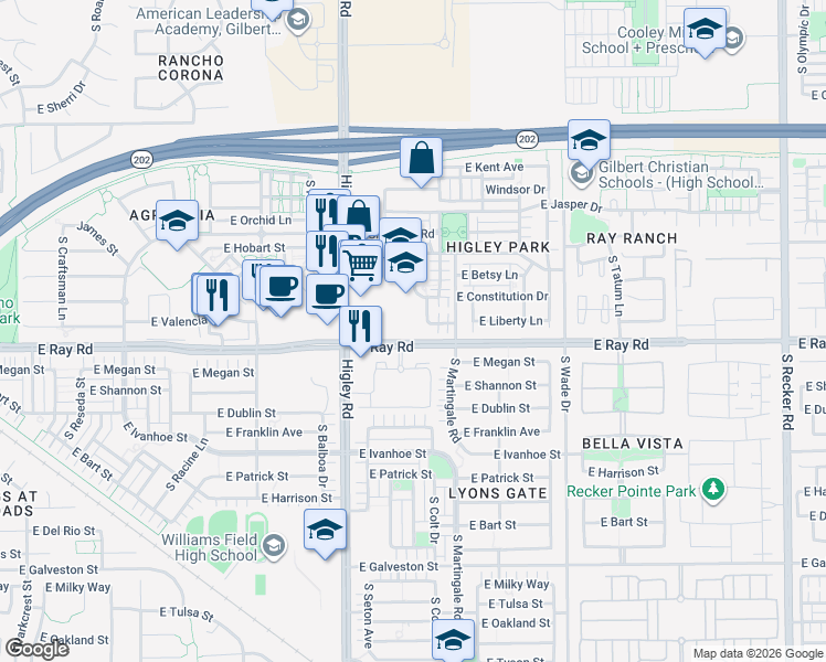 map of restaurants, bars, coffee shops, grocery stores, and more near 3324 East Ray Road in Gilbert