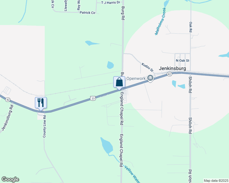 map of restaurants, bars, coffee shops, grocery stores, and more near 2337 Georgia 42 in Jenkinsburg