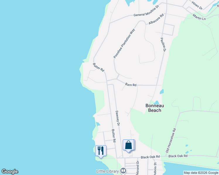 map of restaurants, bars, coffee shops, grocery stores, and more near 166 Dawsey Drive in Bonneau