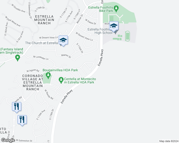 map of restaurants, bars, coffee shops, grocery stores, and more near 13732 South 176th Avenue in Goodyear