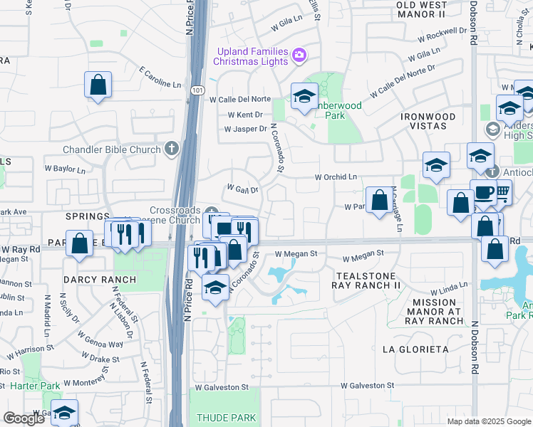 map of restaurants, bars, coffee shops, grocery stores, and more near 1111 North Mission Park Boulevard in Chandler