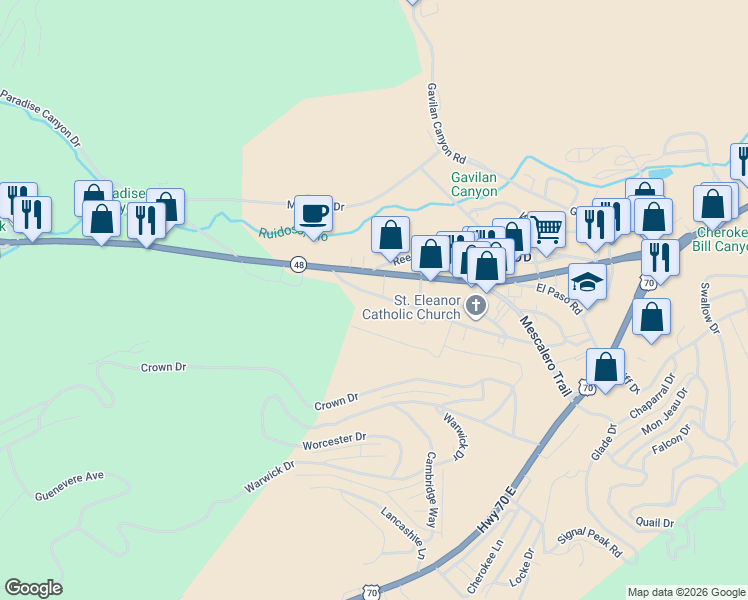 map of restaurants, bars, coffee shops, grocery stores, and more near 244-284 Junction Rd in Ruidoso