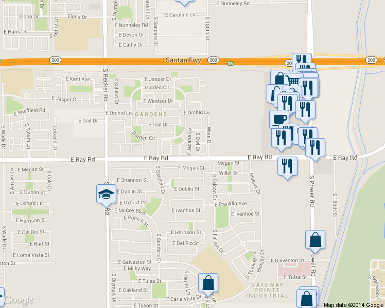 map of restaurants, bars, coffee shops, grocery stores, and more near 1542 South Jacana Lane in Gilbert
