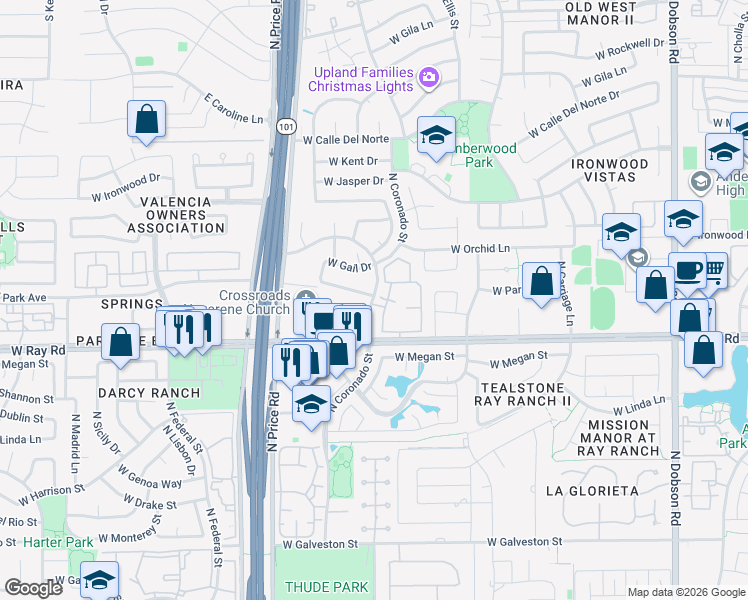 map of restaurants, bars, coffee shops, grocery stores, and more near 2770 West Park Avenue in Chandler