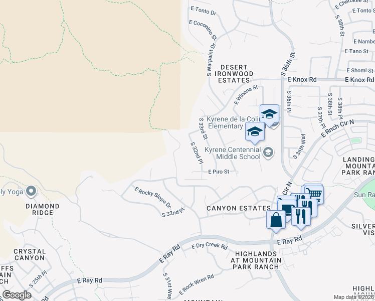 map of restaurants, bars, coffee shops, grocery stores, and more near 13604 South 32nd Place in Phoenix