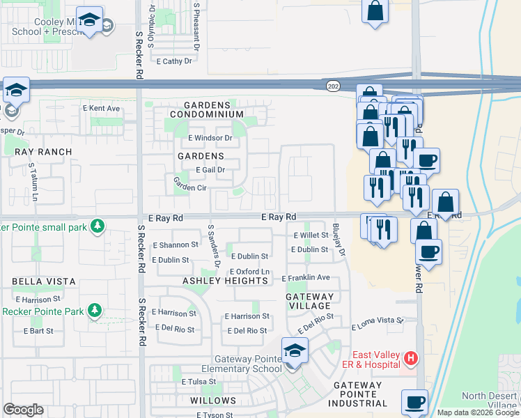 map of restaurants, bars, coffee shops, grocery stores, and more near 1546 South Roadrunner Drive in Gilbert