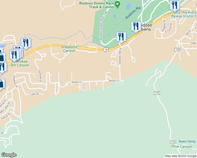 map of restaurants, bars, coffee shops, grocery stores, and more near 122 Wood Lane in Ruidoso Downs