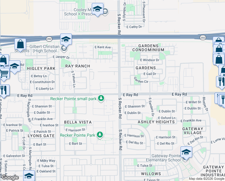 map of restaurants, bars, coffee shops, grocery stores, and more near 3964 East Liberty Lane in Gilbert