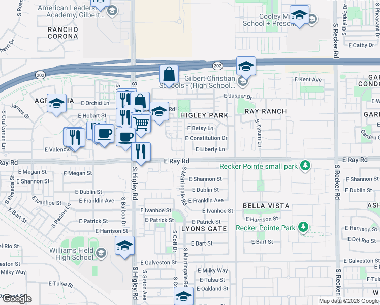 map of restaurants, bars, coffee shops, grocery stores, and more near 3394 East Liberty Lane in Gilbert