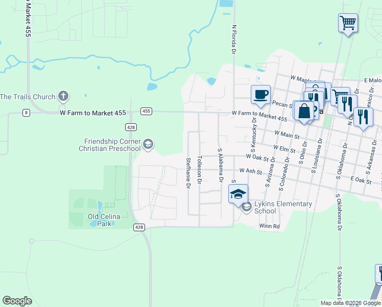 map of restaurants, bars, coffee shops, grocery stores, and more near 330 Stefhanie Drive in Celina