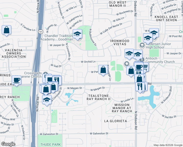 map of restaurants, bars, coffee shops, grocery stores, and more near 2386 West Park Avenue in Chandler