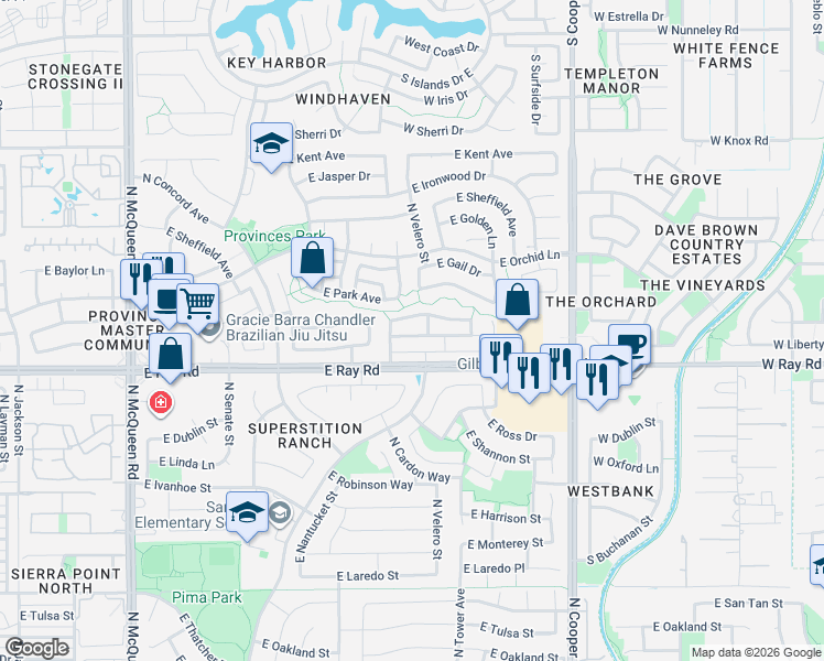 map of restaurants, bars, coffee shops, grocery stores, and more near 1650 East Park Avenue in Chandler