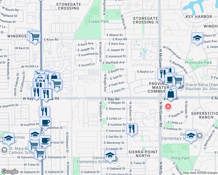 map of restaurants, bars, coffee shops, grocery stores, and more near 682 East Park Avenue in Chandler