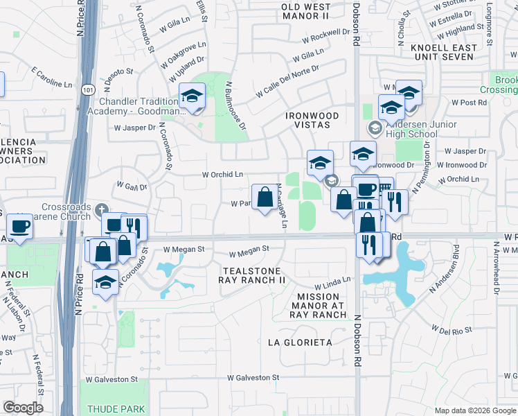 map of restaurants, bars, coffee shops, grocery stores, and more near 2306 West Park Avenue in Chandler