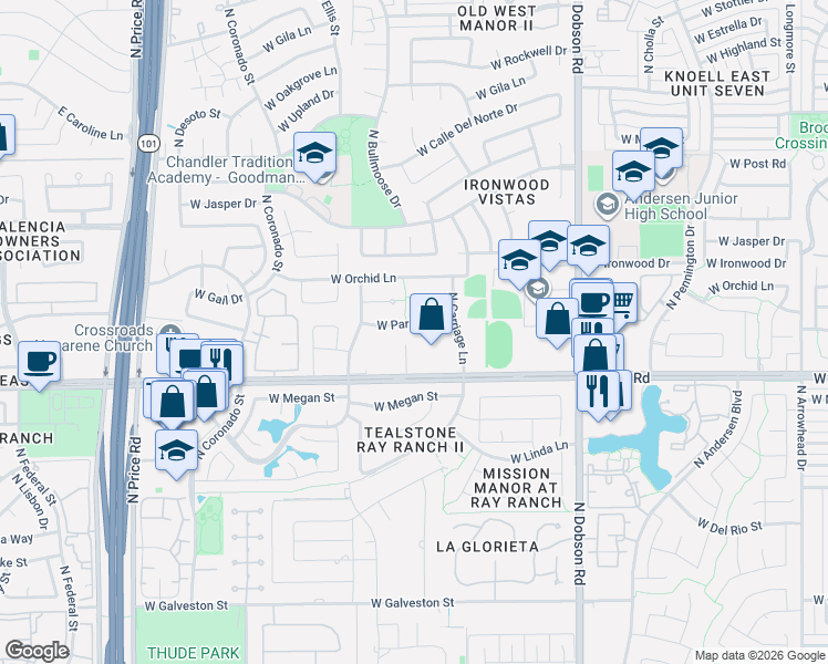 map of restaurants, bars, coffee shops, grocery stores, and more near 2386 West Park Avenue in Chandler