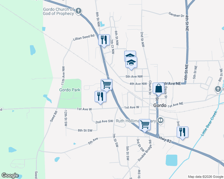 map of restaurants, bars, coffee shops, grocery stores, and more near Highway 82 in Gordo