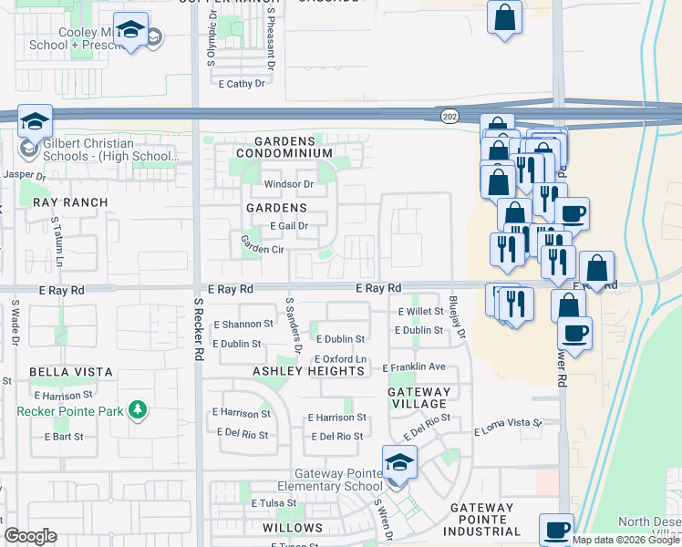 map of restaurants, bars, coffee shops, grocery stores, and more near 1542 South Jacana Lane in Gilbert