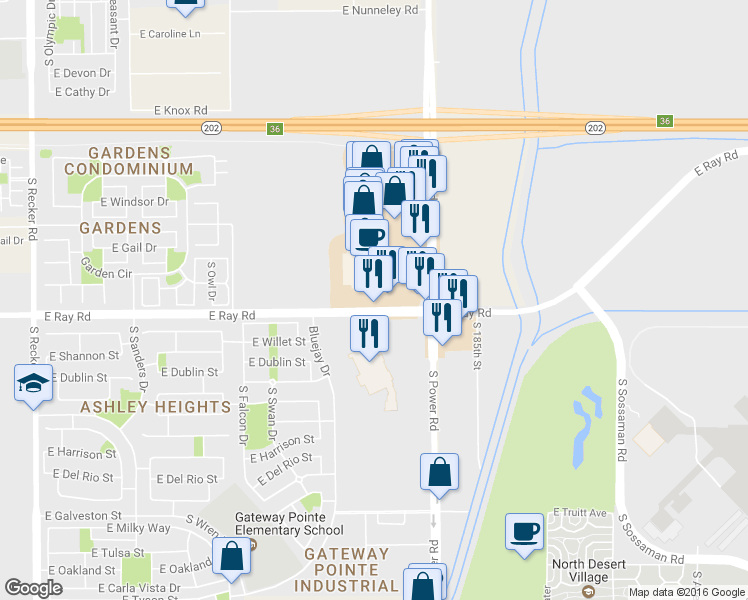 map of restaurants, bars, coffee shops, grocery stores, and more near 4684 E Ray Rd in Gilbert