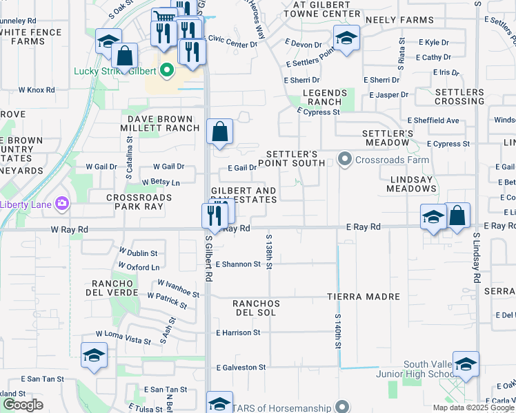 map of restaurants, bars, coffee shops, grocery stores, and more near 147 East Constitution Court in Gilbert