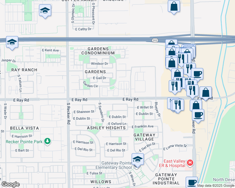 map of restaurants, bars, coffee shops, grocery stores, and more near 1542 South Jacana Lane in Gilbert