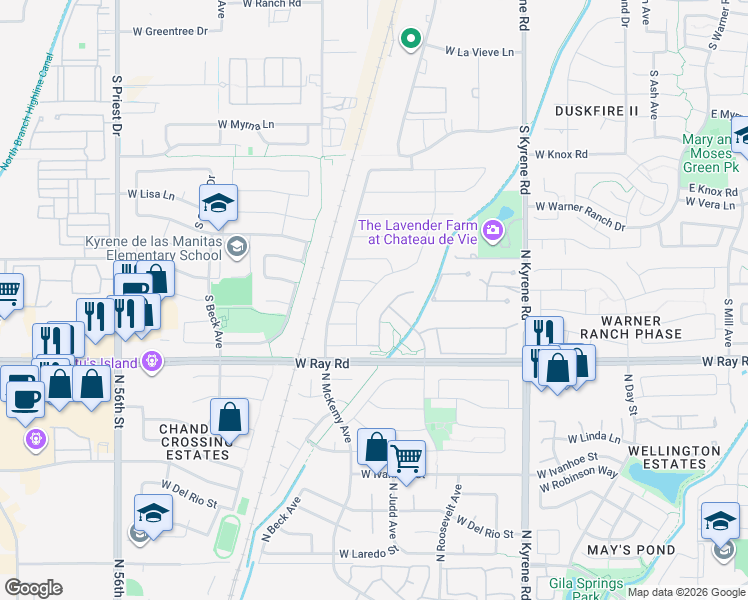 map of restaurants, bars, coffee shops, grocery stores, and more near 6423 West Victoria Lane in Chandler