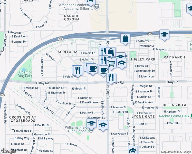 map of restaurants, bars, coffee shops, grocery stores, and more near 3150 East Ray Road in Gilbert