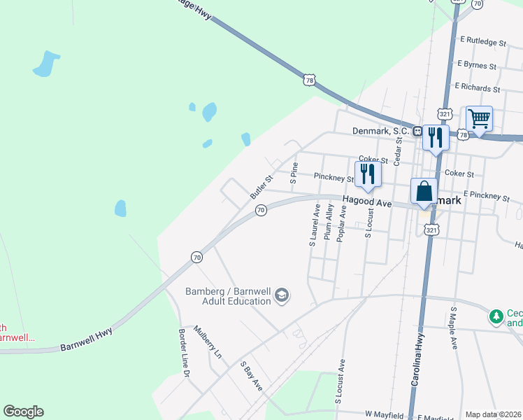 map of restaurants, bars, coffee shops, grocery stores, and more near W Poinsetta St in Denmark